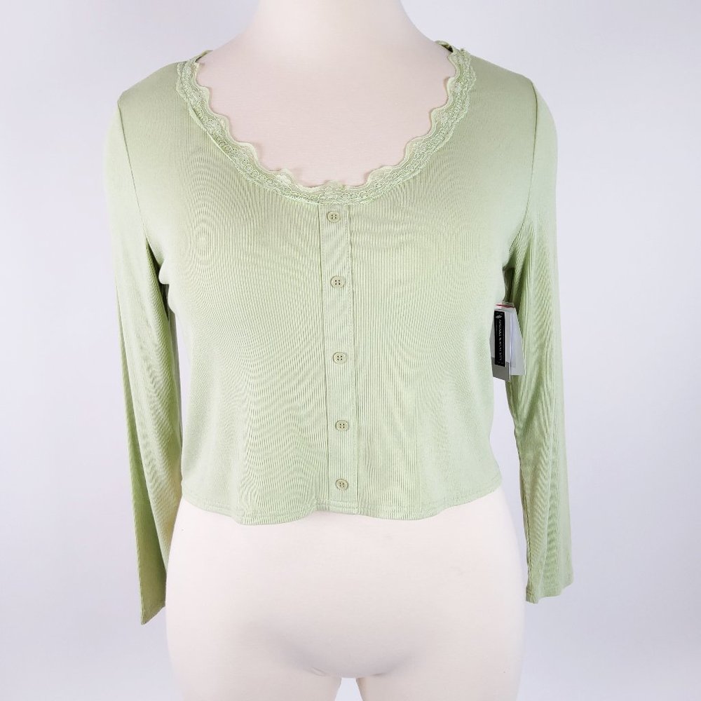 New BP. Long Sleeve Lace Trim Button Front Top Green Limecream Size 2X
